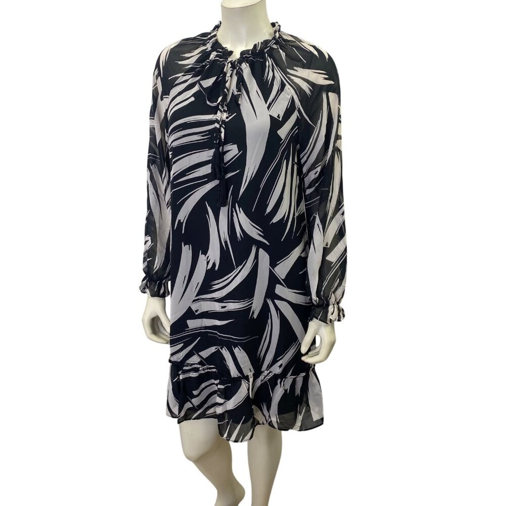 Luxology Abstract Print‎ Long Sleeve Chiffon Dress Ruffle Hem Md NWT